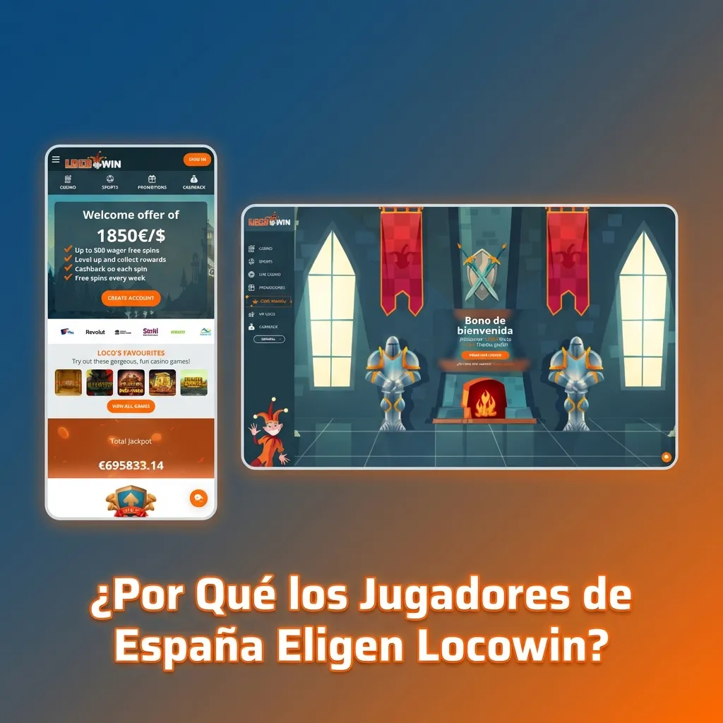 Spanish online casino interface showing euro payments, live dealer games, and mobile app features for Locowin players